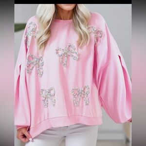 Bow Trim Puff Sleeve Oversized Sweatshirt **NEW**